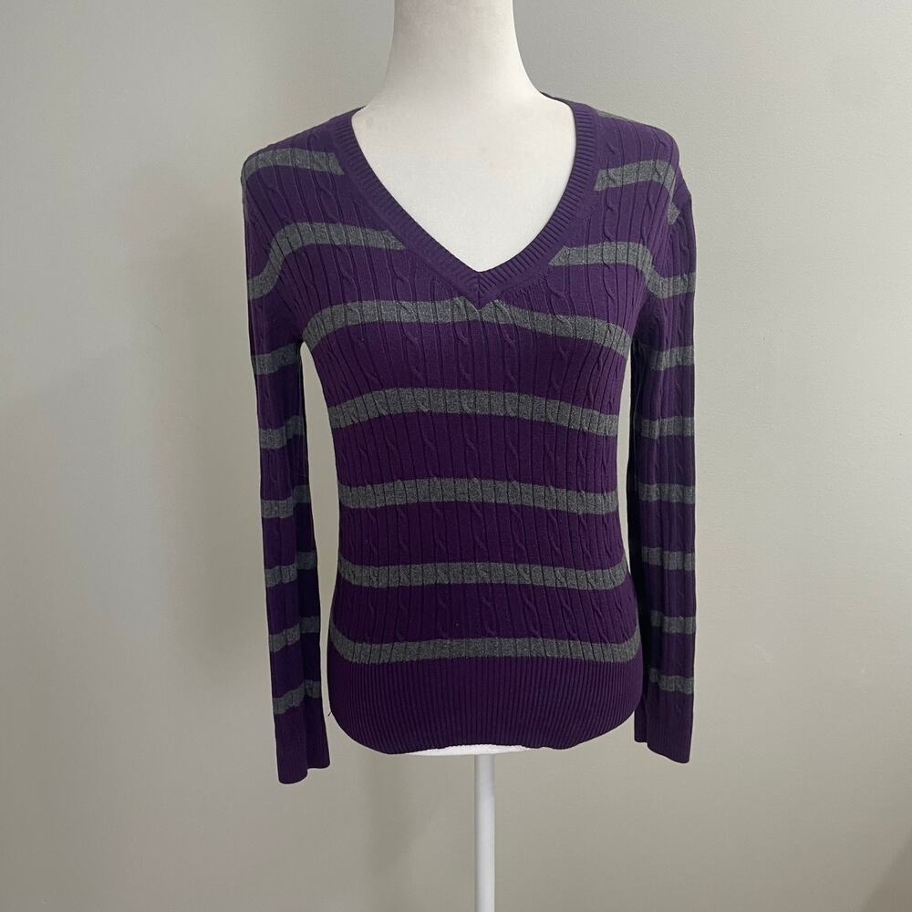 Tommy Hilfiger Purple Striped Sweater Y2K Preppy V-Neck Cable Knit S/P